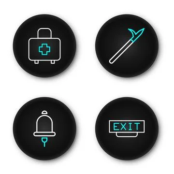 Set line Fire exit, Ringing alarm bell, Metal pike pole and First aid kit i.. Stock Illustration