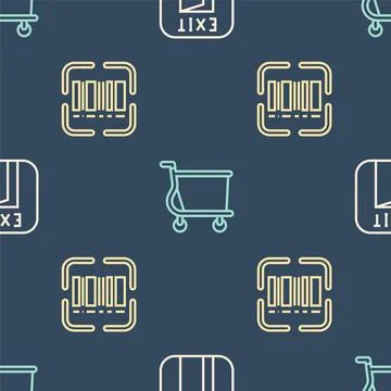 Set line Fire exit, Scanner scanning bar code and Shopping cart on seamless Illustrazione stock