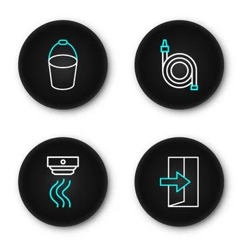 Set line Fire exit, Smoke alarm system, hose reel and bucket icon. Vector Stock Illustration