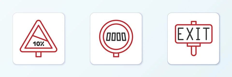 Set line Fire exit, Steep ascent and descent road and Pedestrian crosswalk icon Stock Illustration