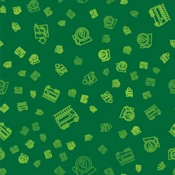 Set line Fire exit, truck and Ringing alarm bell on seamless pattern. Vector Stock Illustration