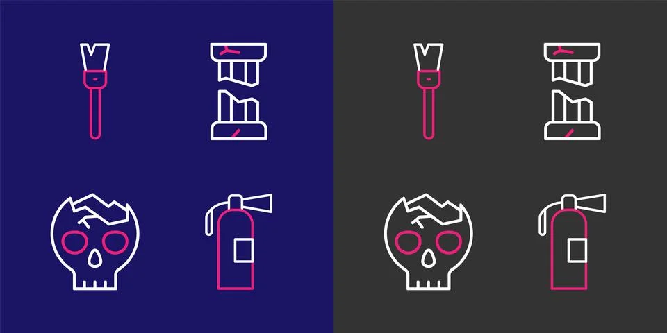 Set line Fire extinguisher, Broken human skull, ancient column and Paint br.. Stock Illustration