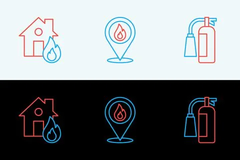 Set line Fire extinguisher, burning house and Location with fire flame icon.. Stock Illustration