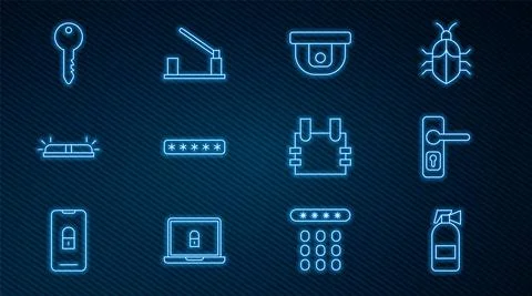 Set line Fire extinguisher, Door handle, Motion sensor, Password protection Illustration