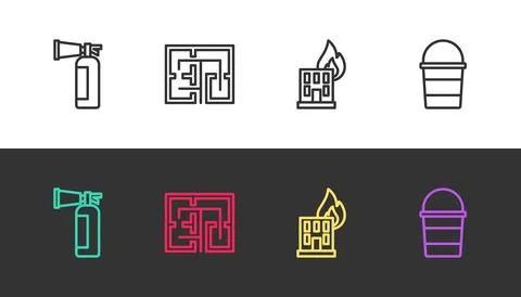 Set line Fire extinguisher, Evacuation plan, burning building and bucket on Ilustración de archivo