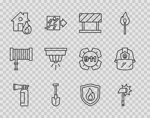 Set line Fire extinguisher, Firefighter axe, Road barrier, shovel, burning house Illustration