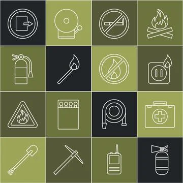 Set line Fire extinguisher, First aid kit, Electric wiring of socket fire, No Stock Illustration