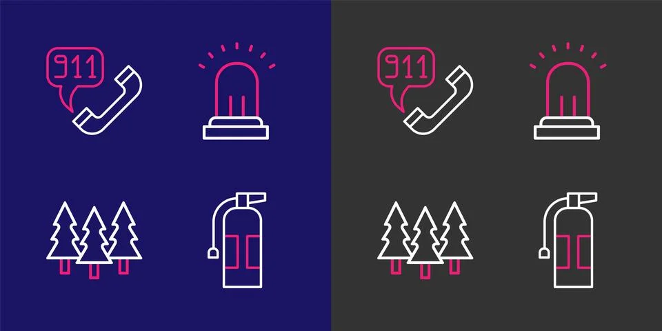 Set line Fire extinguisher, Forest, Ringing alarm bell and Telephone call 9.. Stock Illustration