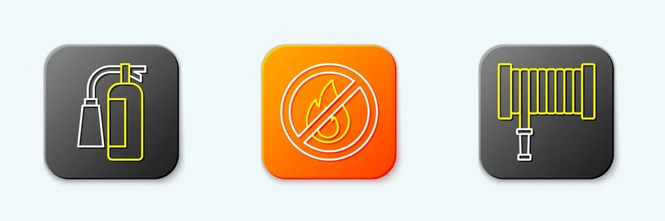 Set line Fire extinguisher, No fire and hose reel icon. Vector Stock Illustration