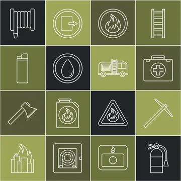 Set line Fire extinguisher, Pickaxe, First aid kit, flame, Water drop, Lighte Ilustração Stock