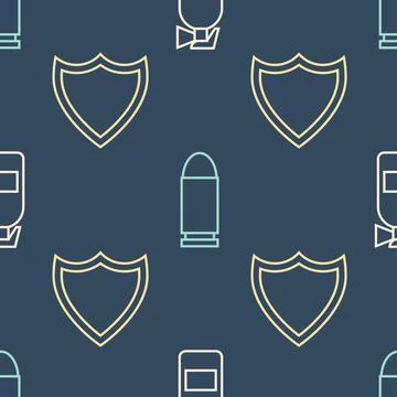Set line Fire extinguisher, Shield and Bullet on seamless pattern. Vector Stock Illustration