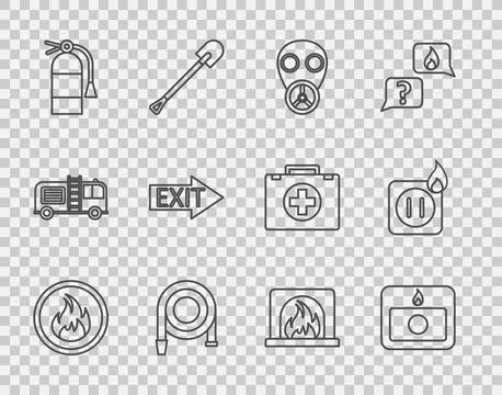 Set line Fire flame, alarm system, Gas mask, hose reel, extinguisher, exit,.. Illustrazione stock