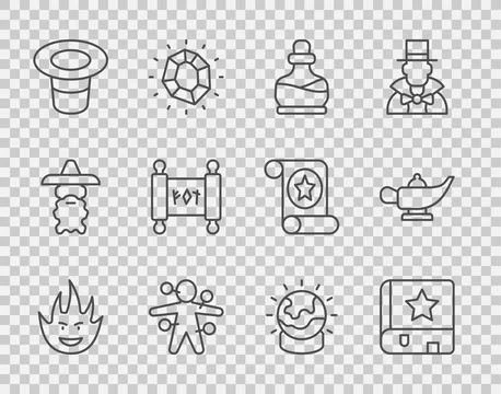 Set line Fire flame, Ancient magic book, Bottle with potion, Voodoo doll, Magic Ilustração Stock