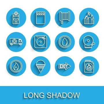 Set line Fire flame, cone bucket, Medical hospital building, exit, Canister for Ilustración de archivo