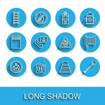 Set line Fire flame, Electric wiring of socket in fire, escape, Traffic cone Stock Illustration