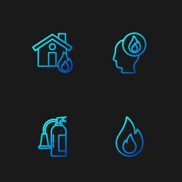 Set line Fire flame, extinguisher, burning house and Firefighter. Gradient color Stock Illustration