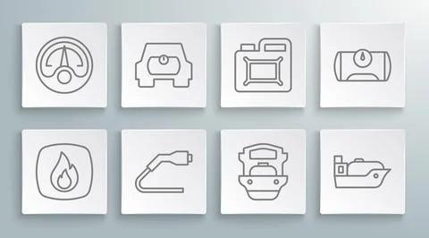 Set line Fire flame, Gas tank for vehicle, Electrical cable plug charging, .. Stock Illustration