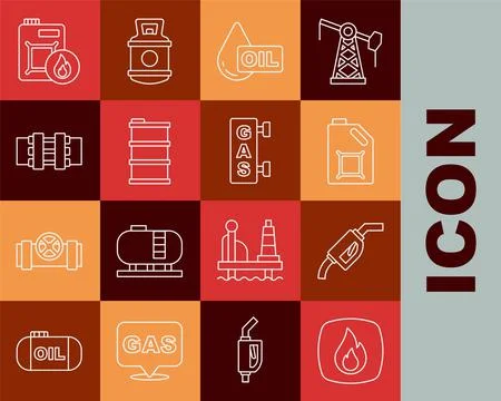 Set line Fire flame, Gasoline pump nozzle, Canister for motor oil, Oil drop,  Stock Illustration