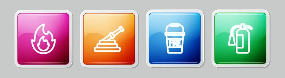 Set line Fire flame, hose reel, bucket and extinguisher. Colorful square bu.. Stock Illustration