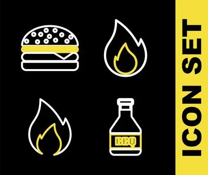 Set line Fire flame, Ketchup bottle,  and Burger icon. Vector Stock Illustration
