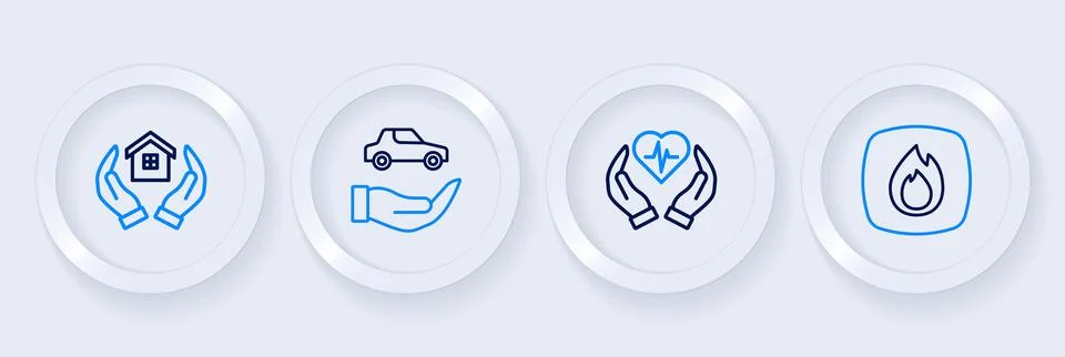 Set line Fire flame, Life insurance, Car and House hand icon. Vector Stock Illustration