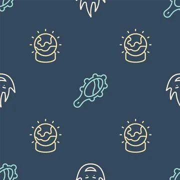 Set line Fire flame, Magic ball and hand mirror on seamless pattern. Vector Stockillustratie