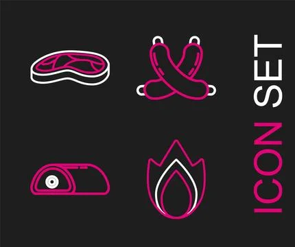 Set line Fire flame, Meat, Crossed sausage and Steak meat icon. Vector Stock Illustration