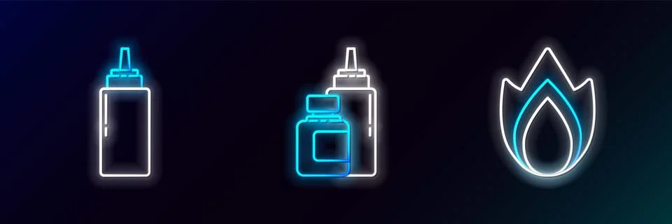 Set line Fire flame, Sauce bottle and  icon. Glowing neon. Vector Stock Illustration