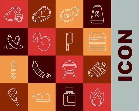 Set line Fire flame, Steak meat, Burger, Fried chicken wing, Crossed sausag.. Stock Illustration
