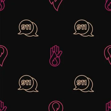 Set line Fire flame, Telephone call 911 and No fire on seamless pattern. Vect Illustrazione stock