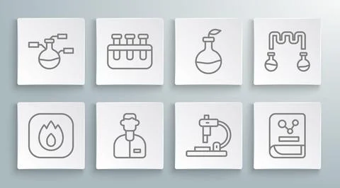Set line Fire flame, Test tube and flask, Laboratory assistant, Microscope,.. 库存插图