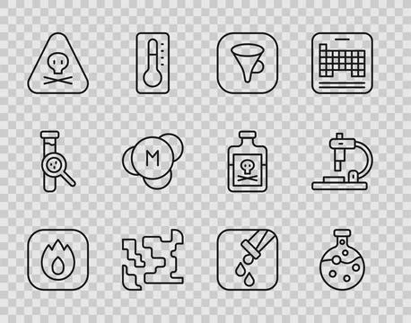 Set line Fire flame, Test tube and flask, Funnel or filter, Gaseous, Triang.. Stock Illustration