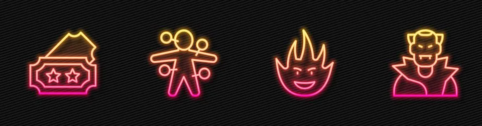 Set line Fire flame, Ticket, Voodoo doll and Vampire. Glowing neon icon. Vector Ilustração Stock