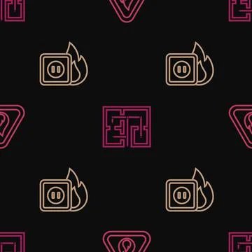 Set line Fire flame in triangle, Electric wiring of socket fire and Evacuation Stock Illustration