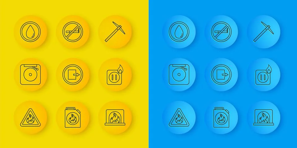 Set line Fire flame in triangle, Ringing alarm bell, exit, Interior fireplace Stock Illustration