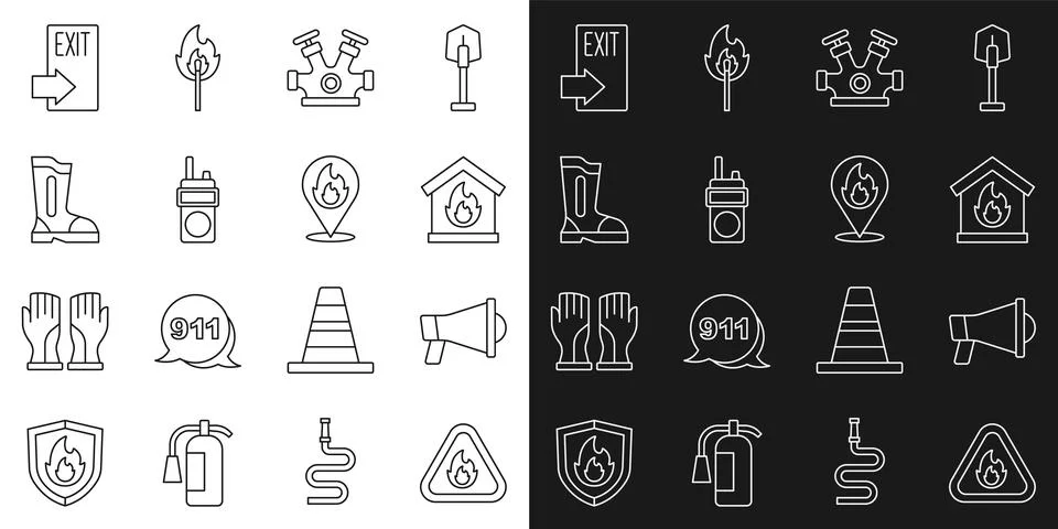 Set line Fire flame in triangle, Megaphone, burning house, hydrant, Walkie Illustrazione stock