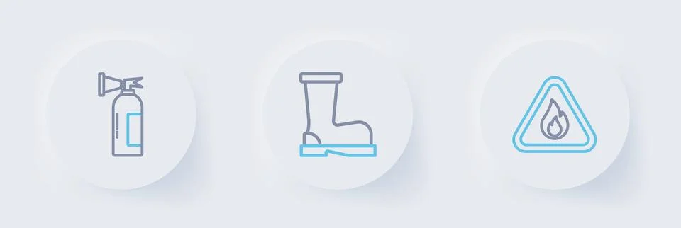 Set line Fire flame in triangle, boots and extinguisher icon. Vector イラスト素材