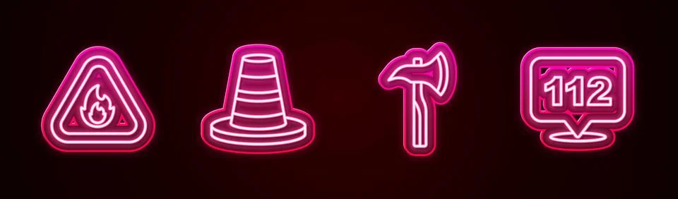 Set line Fire flame in triangle, Traffic cone, Firefighter axe and Emergenc.. Illustration