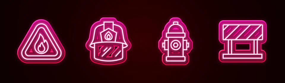 Set line Fire flame in triangle, Firefighter helmet, hydrant and Road barri.. Illustrazione stock