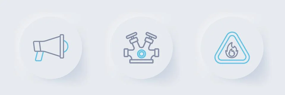 Set line Fire flame in triangle, hydrant and Megaphone icon. Vector Stock Illustration