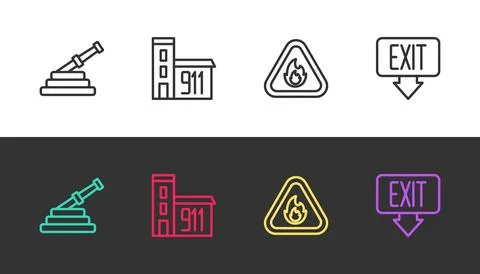 Set line Fire hose reel, Building of fire station, flame triangle and exit on Ilustración de archivo