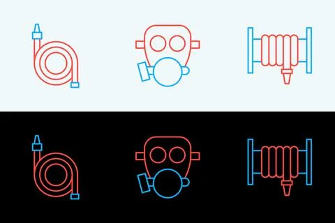 Set line Fire hose reel,  and Gas mask icon. Vector Stock Illustration