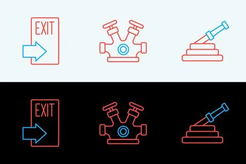 Set line Fire hose reel, exit and hydrant icon. Vector Stock Illustration