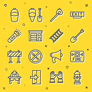 Set line Fire hydrant, alarm system, shovel, Burning match with fire, Building Ilustración de archivo