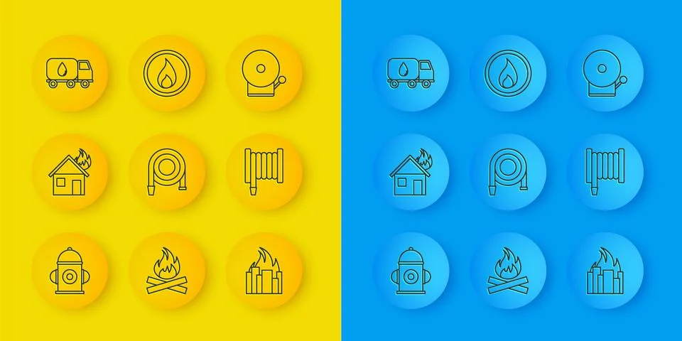 Set line Fire hydrant, in burning house, hose reel, buildings, Water delivery Stock Illustration