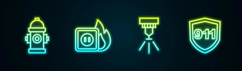 Set line Fire hydrant, Electric wiring of socket in fire, sprinkler system and Stock Illustration