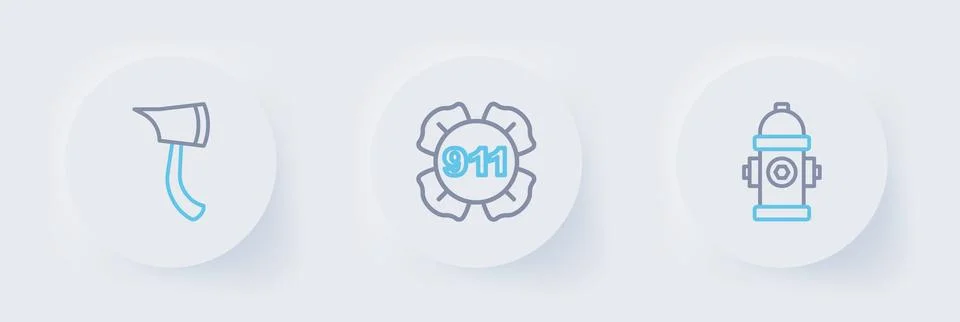Set line Fire hydrant, Emergency call 911 and Firefighter axe icon. Vector Illustration