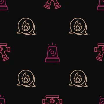Set line Fire hydrant, Emergency call and Flasher siren on seamless pattern.. Illustrazione stock