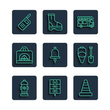 Set line Fire hydrant, Evacuation plan, Traffic cone, truck, Ringing alarm bell Stock Illustration
