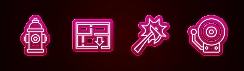 Set line Fire hydrant, Evacuation plan, Firefighter axe and Ringing alarm b.. Illustration